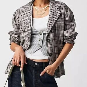 Free People We the Free Cali Tartan Plaid Relaxed Single Breasted Blazer
